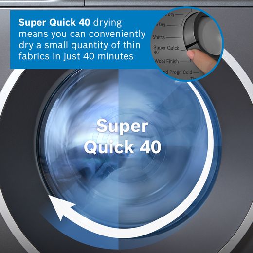 Bosch Series 6 WQG245R2GB 9Kg Heat Pump Tumble Dryer - Graphite  - Annotation - super quick 40 shot